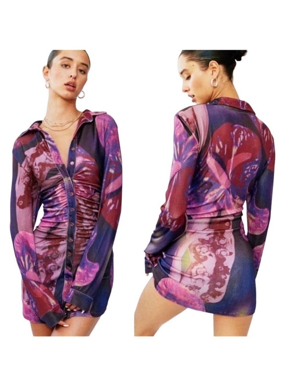 With Jéan Flamboyant Anthurium Button Up Collar Floral Fitted Mini Andy Dress M